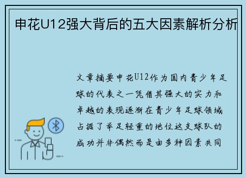 申花U12强大背后的五大因素解析分析